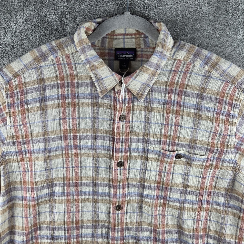 NWOT Patagonia Organic Cotton Button Up AC Beige Plaid Crinkle Shirt Mens Large